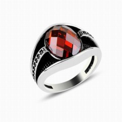 Zircon Stone Rings - Red Zircon Stone Black Motif Sterling Silver Ring 100347658 - Turkey