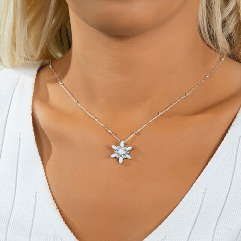 Necklaces - Wind Flower Model Bulk Opal Silver Necklace 100350082 - Turkey