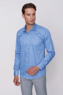 Top Wear - قميص أزرق للرجال ذو قصة ضيقة بقصة ضيقة من الساتان القطني 100٪ سادة 100350885 - Turkey