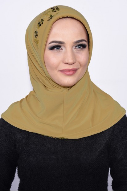 Woman Bonnet & Hijab - حجاب عملي مطرز بالخردل أصفر - Turkey