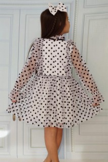 Girl's Sleeves Transparent Ruffle Detailed and Polka Dot Ecru Dress 100328200