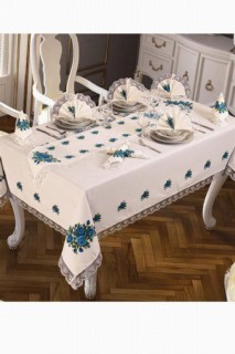 Cross-stitch Printed Guipure and Four Roses Table Cloth Set 18 Pieces Blue 100280319