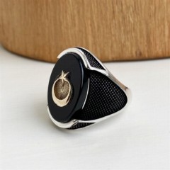 Crescent and Star Dot Patterned Silver Ring on Black Onyx Stone 100347956