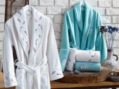Set Robe - Diana Jacquard Coton Peignoir Set Crème Bleu 100331517 - Turkey