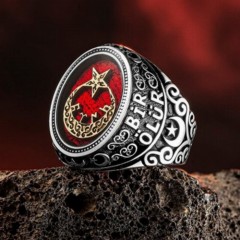 Moon Star Rings - Sterling Silver Ring with Turkish Inscription in Gokturk Turkish with Crescent and Star 100346557 - Turkey