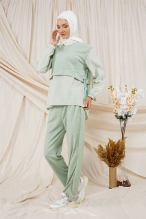 Cloth set - بدلة مزدوجة فضفاضة بتفاصيل مخططة للنساء 100326044 - Turkey