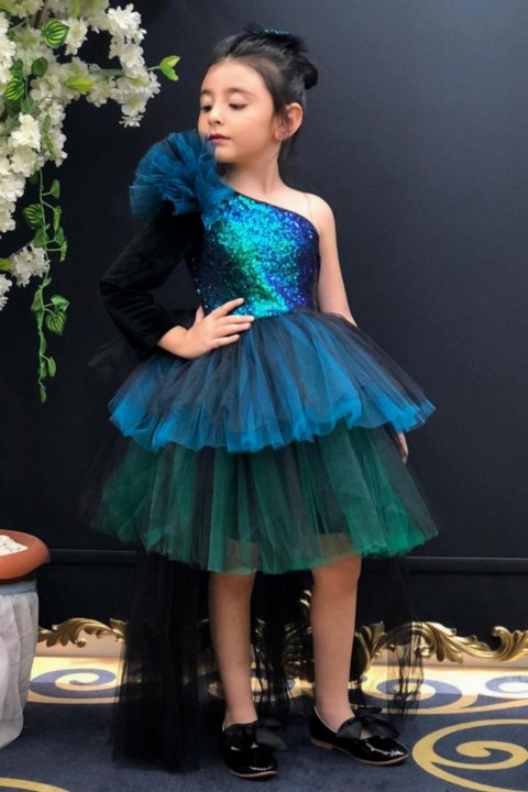 Girl Clothing - Girl Tailed Sequin Blue-Green Evening Dress 100326940 - Turkey