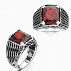 Zircon Stone Rings - Simple 925 Sterling Silver Ring With Red Zircon Stone 100346359 - Turkey