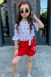 Outwear - Girl Cherry Printed Strap Blouse Red Shorts Set 100328524 - Turkey