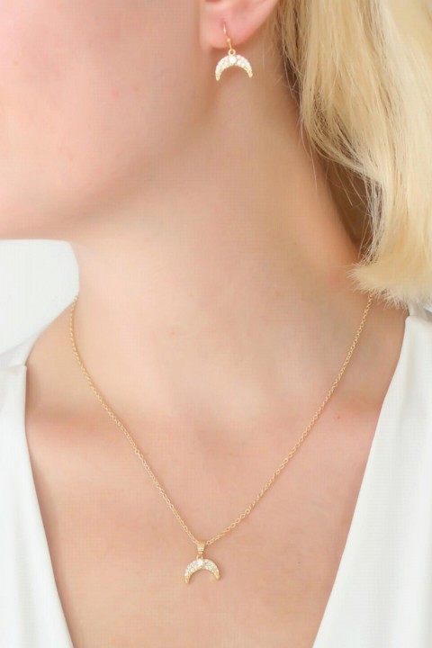 Necklaces - Gold Color Crescent Figure Zircon Stone Detail Women's Necklace Earring Set 100328133 - Turkey