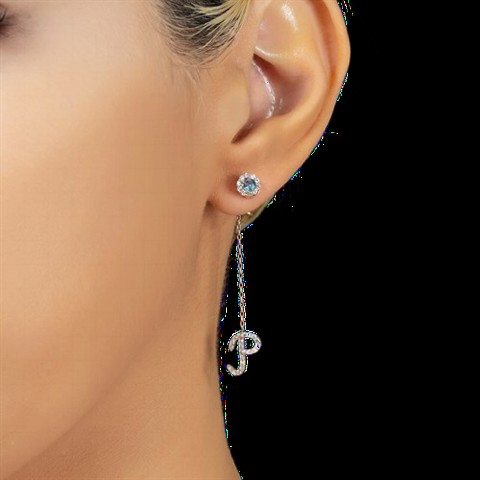 Earrings - Round Cut Silver Earrings with March Birthstone 100350185 - Turkey