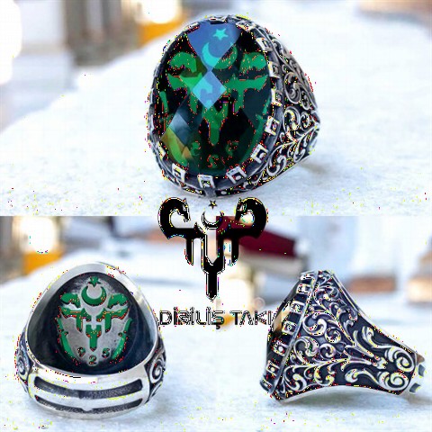 Zircon Stone Rings - خاتم رجالي من الفضة الإسترليني بحجر الزركون الأخضر المطرز يدويًا 100349195 - Turkey