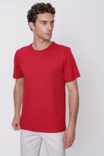 Men Clothing - تي شيرت رجالي بلون أحمر كلاريت أساسي سادة 100٪ قطن بياقة دائرية وملاءمة ديناميكية وأكمام قصيرة 100351375 - Turkey