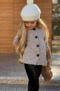 Girl Checked Patterned Front Button Detailed Coat Brown Bottom Top Set 100344668