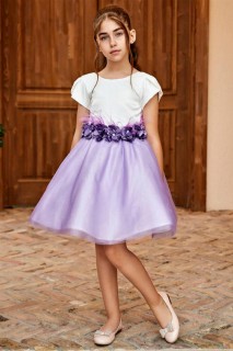 Girl Clothing - Girl's Waist Flower and Buckled Skirt Fluffy Tulle Lilac Dress 100327644 - Turkey