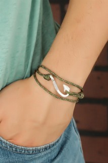 Men - Green Line Patterned Metal Hook Men's Bracelet 100318524 - Turkey
