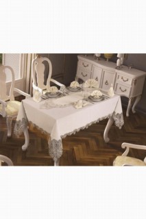 French Guipure Jasmine Table Cloth Set 18 Pieces Ecru Silver 100259631
