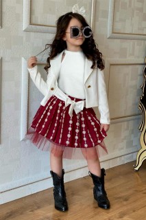Outwear - Boys' Back Bow Blazer Jacket and Floral Embroidered Claret Red Skirt Suit 100328490 - Turkey