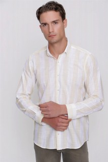 Shirt - Men's Yellow Linen Long Sleeve Regular Fit Comfy Cut Shirt 100350877 - Turkey