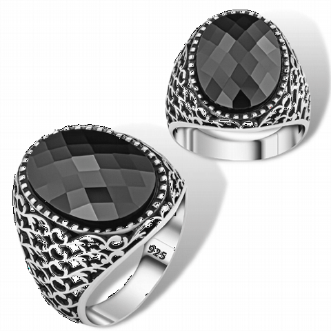 Flower Motif Black Zircon Stone Silver Ring 100350387