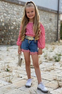 Girl Clothing - طقم شورت دنيم وردي قصير من الدانتيل وتانك توب للبنات 100328229 - Turkey