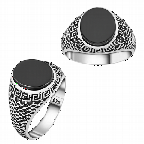 Onyx Stone Rings - خاتم فضة بحجر أونيكس أسود منقوش يوناني 100350326 - Turkey