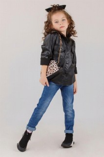 Outwear - Girls Black Leather Shirt Denim Pants Leopard Bag and Buckled Bottom Top Set 100327495 - Turkey