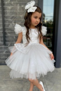 Evening Dress - Girl's Shoulder Tulle and Glitter Embroidered Fluffy White Evening Dress 100328224 - Turkey
