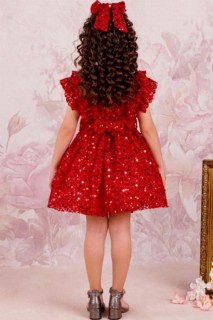 Girl's Sleeves Frilly Lace Embroidered Sequin Detailed Red Evening Dress 100328732