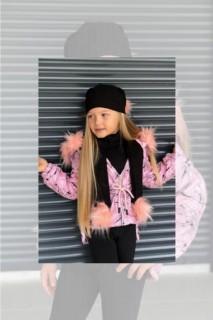 Girls' Waterproof Galaxy Patterned Inner Wool Yarn Detailed Hooded Scarf and Beret Pink Coat 100328701