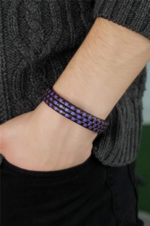 Blue Color Checkered Leather Men's Bracelet 100318836