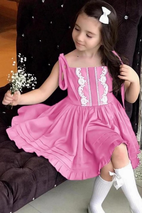 Outwear - Girls' Pink Lace Embroidered Rope Strap and Hem Ruffled Dress 100327385 - Turkey