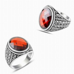 Zircon Stone Rings - Red Cut Zircon Stone Side Seljuk Patterned Sterling Silver Ring 100347839 - Turkey