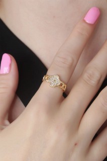jewelry - Gold Color Clover Figure Zircon Stone Detail Women's Ring 100327631 - Turkey
