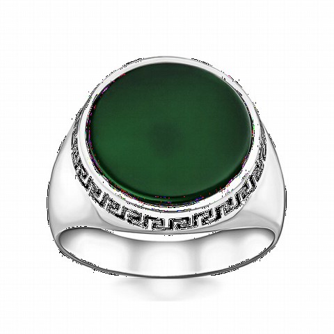 Round Plain Green Agate Stone Simple Sterling Silver Ring 100346457