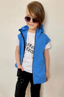 Boys Stronger Printed Zipper Detailed Hooded Vest Blue Tracksuit Suit 100328432