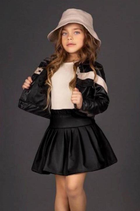 Girls' Stripe Detailed Leather Jacket, Hat and Black Skirt Suit 100327610