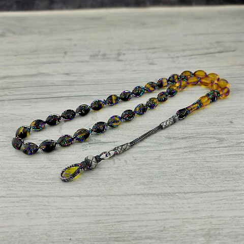 Rosary - Yellow Black Color Transition Silver Kazaz Tasseled Fire Amber Rosary 100349391 - Turkey