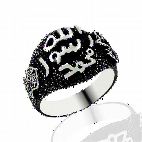 Silver Rings 925 - Black Background Seal and Sheriff Motif Sterling Silver Men's Ring 100348982 - Turkey
