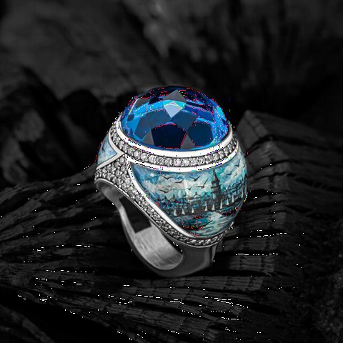 Istanbul Scenery Embroidered Blue Zircon Stone Silver Ring 100349392