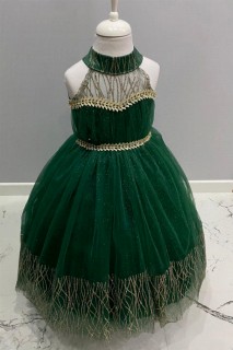 Girl's Glittery Gold Embroidered Fluffy Green Evening Dress with Stone Waist and Tarlatan 100327423