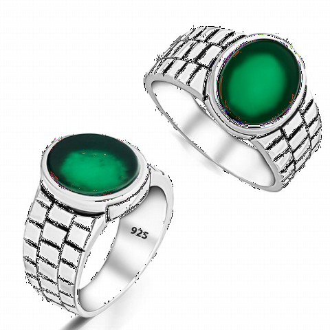 Agate Stone Rings - Green Agate Stone Watchband Motif Sterling Silver Ring 100350263 - Turkey