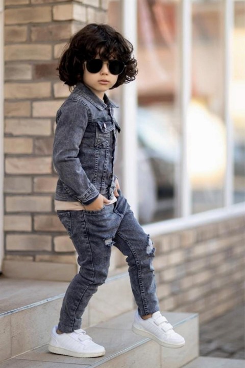 Boys Tiger Printed Buttoned Front Gray Jeans Bottom Top Suit 100328491