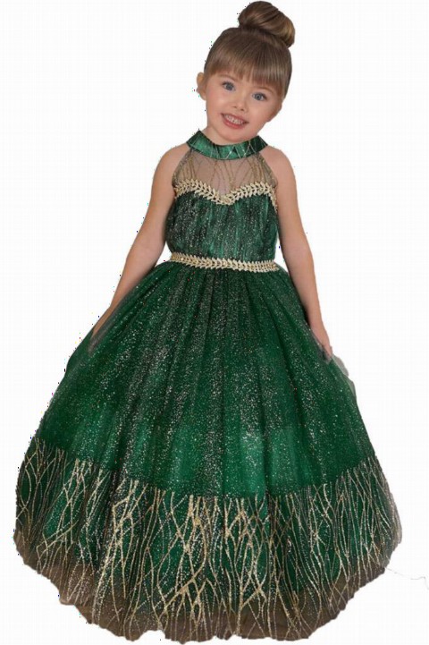 Kids - Girl's Glittery Gold Embroidered Fluffy Green Evening Dress with Stone Waist and Tarlatan 100327424 - Turkey