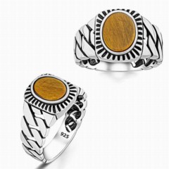 Men - Knitted Patterned Tiger Eye Stone Silver Ring 100346372 - Turkey