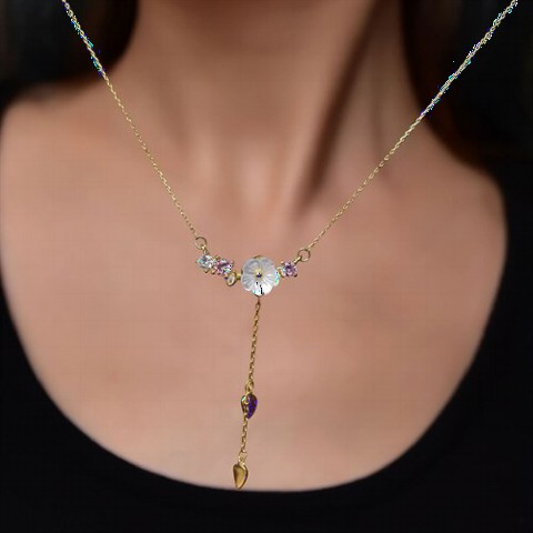 Necklaces - Snowdrop Flower Purple Zircon Stone Silver Necklace 100349870 - Turkey