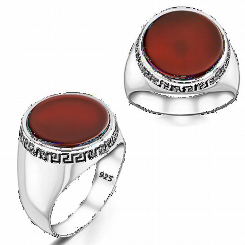 Round Plain Red Agate Stone Simple Sterling Silver Ring 100346458