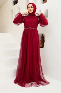 Wedding & Evening - Claret Red Hijab Evening Dress 100340050 - Turkey