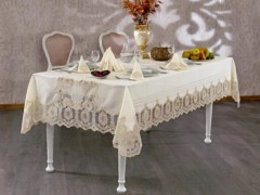 Kitchen-Tableware - French Guipure Tugra Table Cloth Set Ecru Gold 25 Pieces 100344806 - Turkey