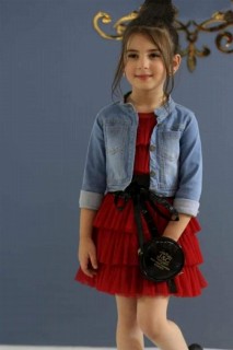 Kids - Robe rouge quatre pièces pour fille avec col en tulle superposé Veste en jean détaillée transparente 100328666 - Turkey
